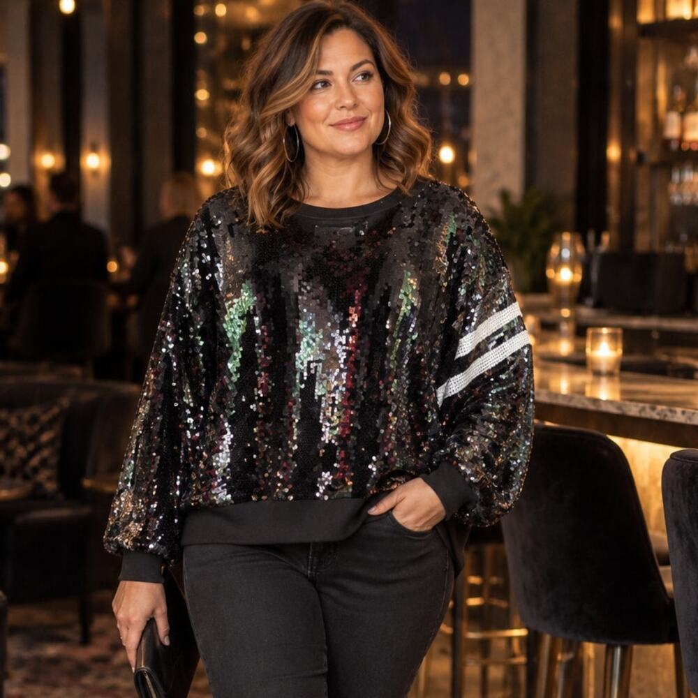 Gabrielle Union NY&C Sequin Varsity Sweatshirt Top Black Sporty Glam Large